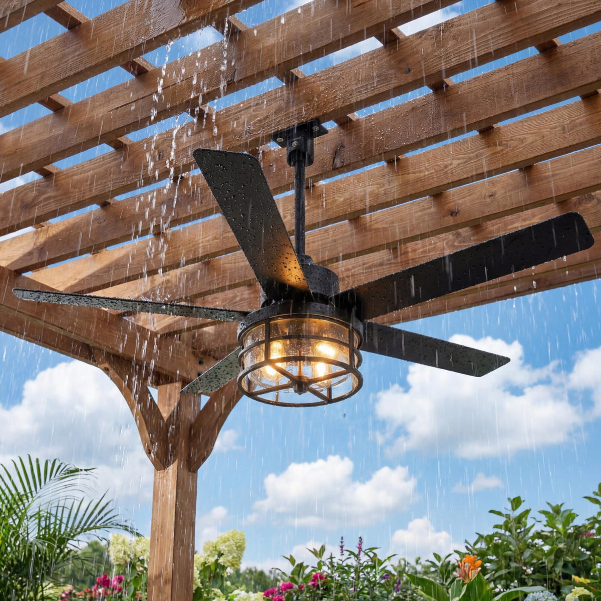 52" Weatherproof Outdoor Ceiling Fan with 4 E12 Base, Plug-in Caged Patio Fan, 6-Speed Remote & App Control, Reversible DC Motor, Matte Black
