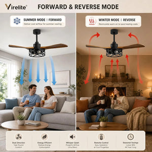 VireLite ceiling fan forward and reverse mode comparison, showing summer downdraft cooling airflow and winter warm air recirculation for year-round comfort.