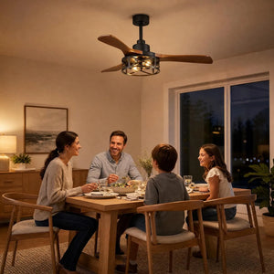 Family of four having dinner under a VireLite 42-inch ceiling fan with warm light in a rustic wood dining room in the evening.