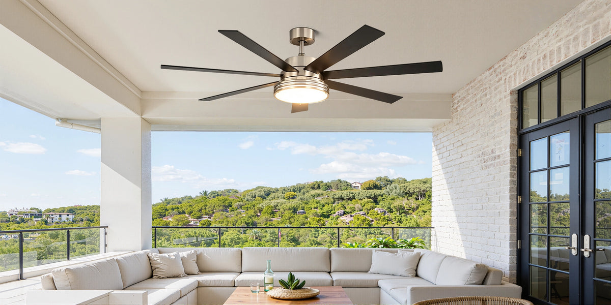 Modern ceiling fan with light in a bright outdoor patio living space