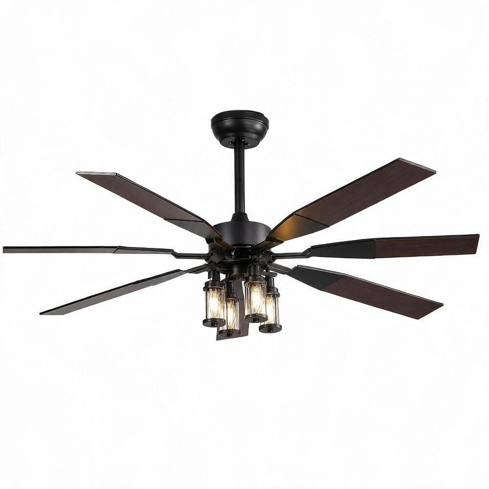 62 Inch Large Ceiling Fan with Light, Energy Efficient DC Motor 6‑Speed Reversible Fan, Dual‑Finish Walnut & Matte‑Black Blades, 4‑Head E12 Light Kit, For Living Room Bedroom Covered Patio