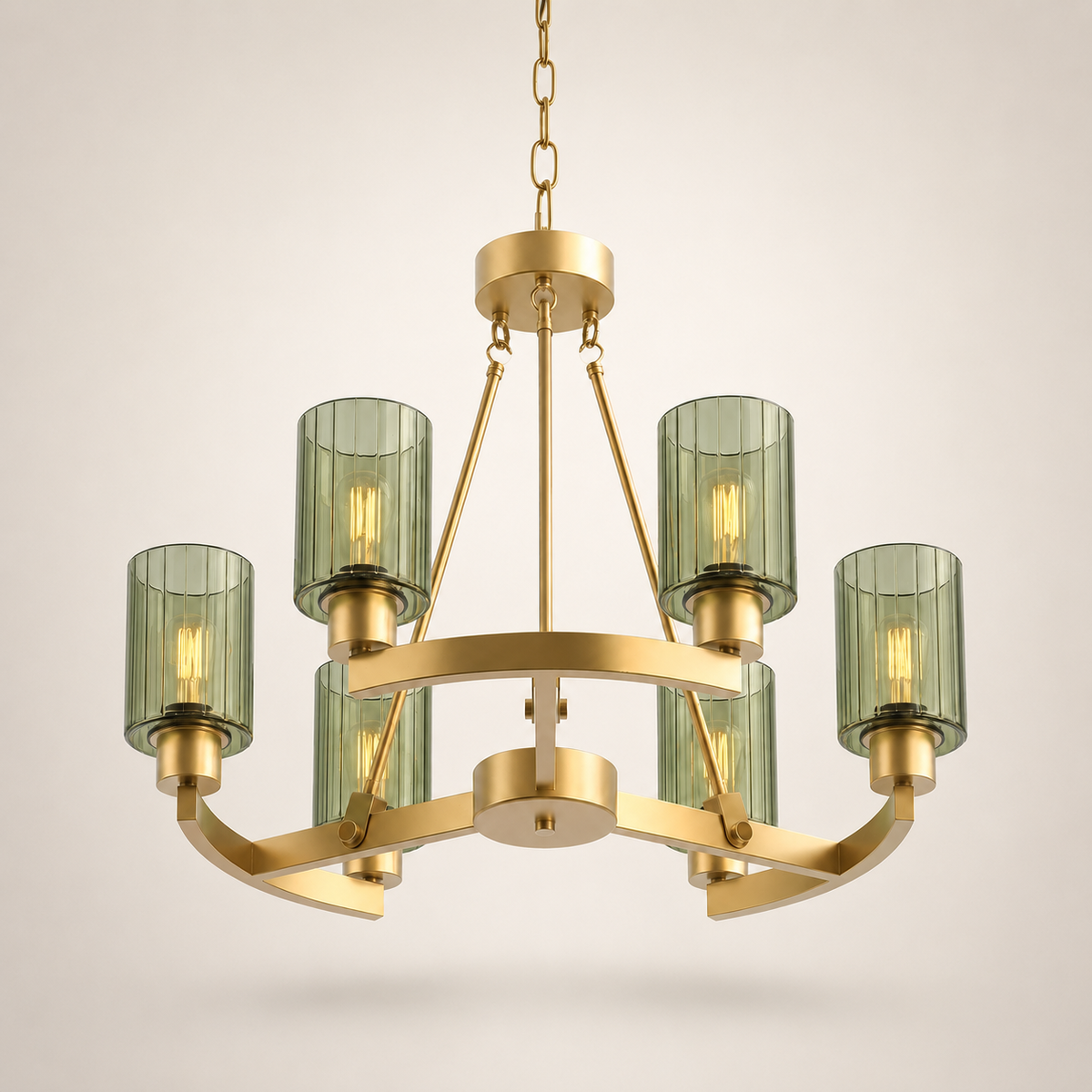 Modern Gold 6-Light Chandelier with Olive Green Fluted Glass