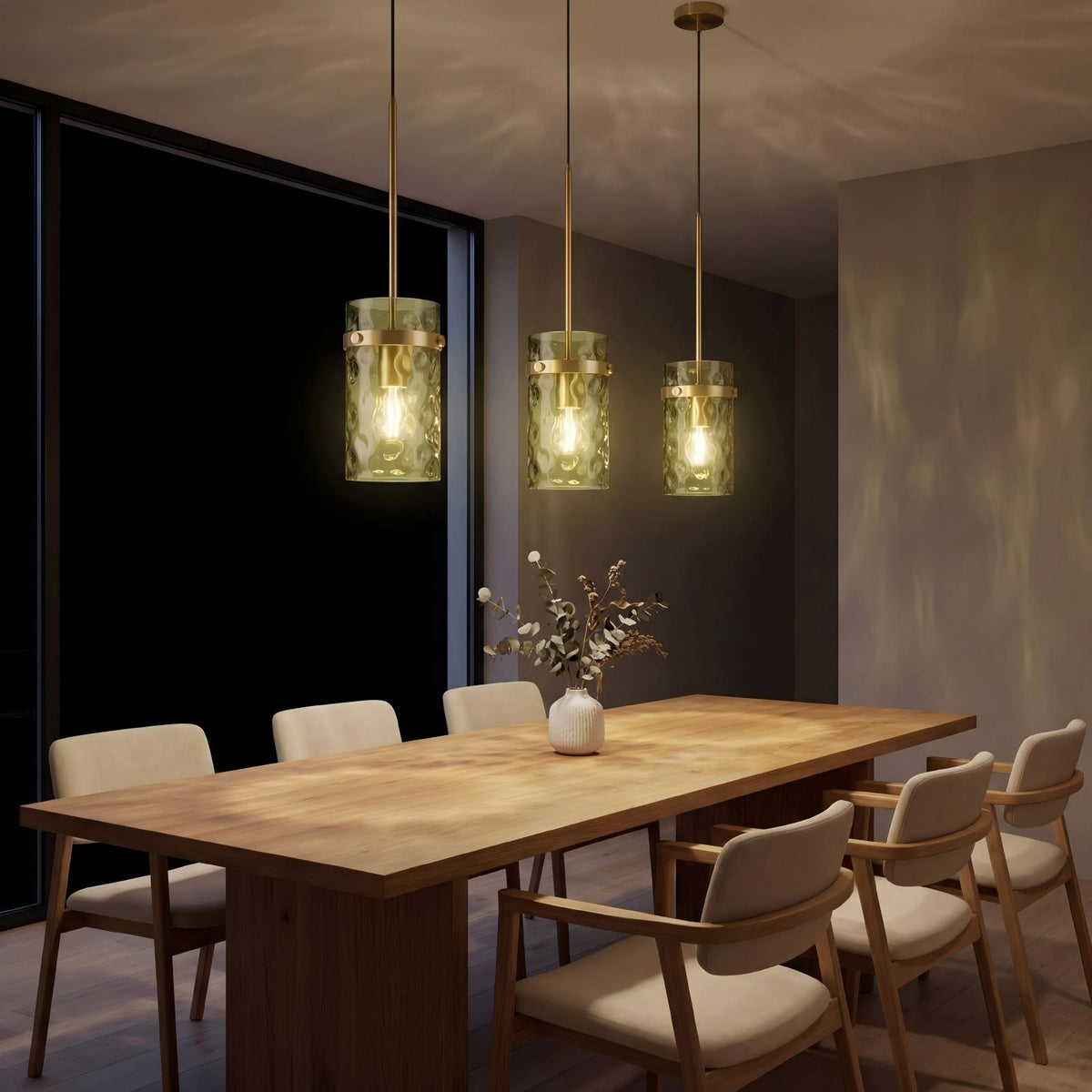 Olive Green Hammered Glass Pendant Light with Brushed Gold Finish