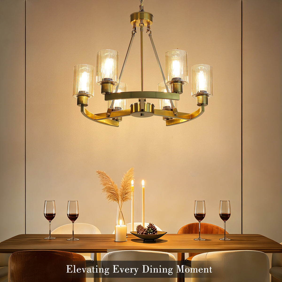 Modern Gold 6-Light Chandelier with Amber Fluted Glass