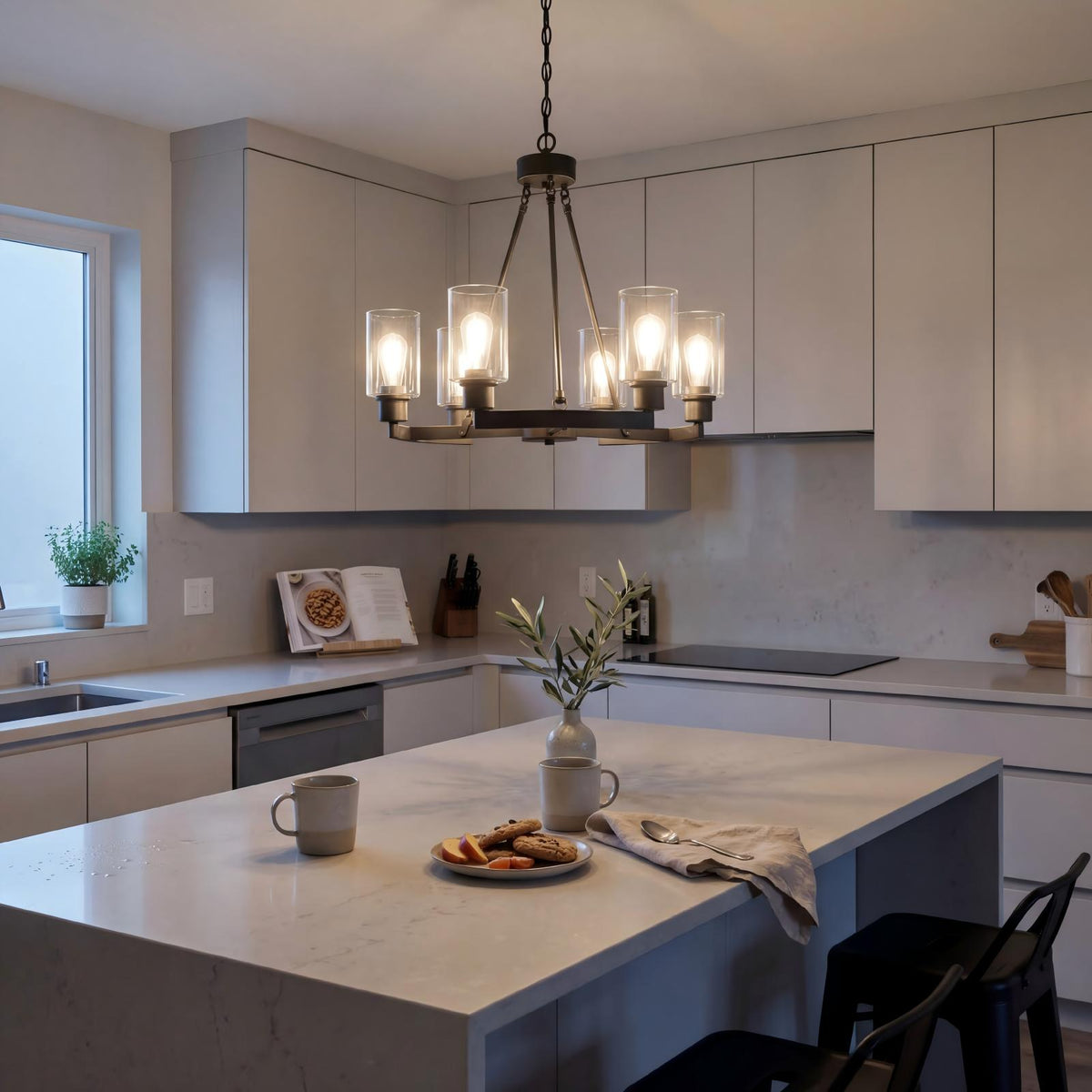 Modern Gunmetal Gray 6-Light Chandelierwith Clear Fluted Glass