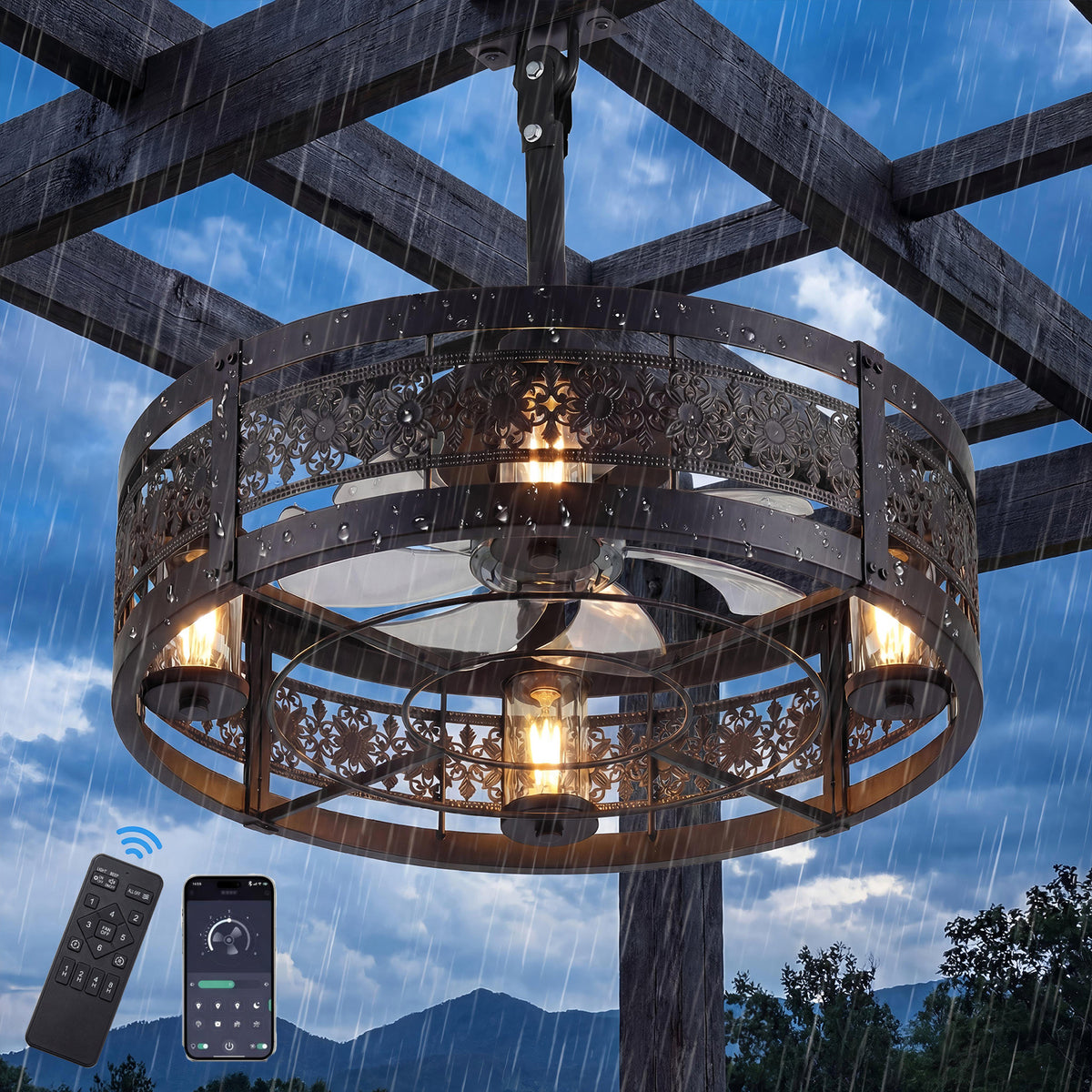 20" Matte Black Outdoor Ceiling Fan with Lights, Plug-in Gazebo Fan with Remote Control