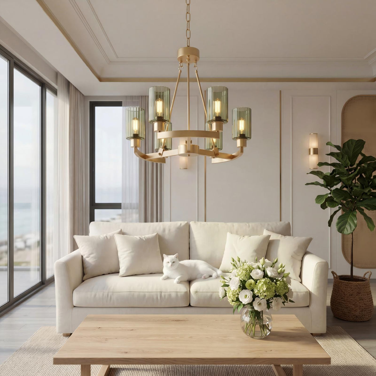 Modern Gold 6-Light Chandelier with Olive Green Fluted Glass
