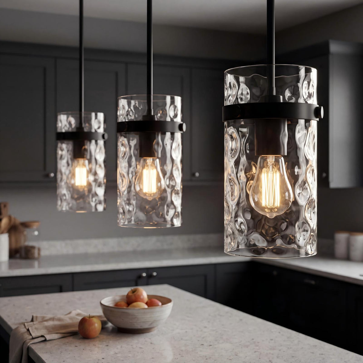 Clear Wavy Glass Pendant Light with Matte Black Finish