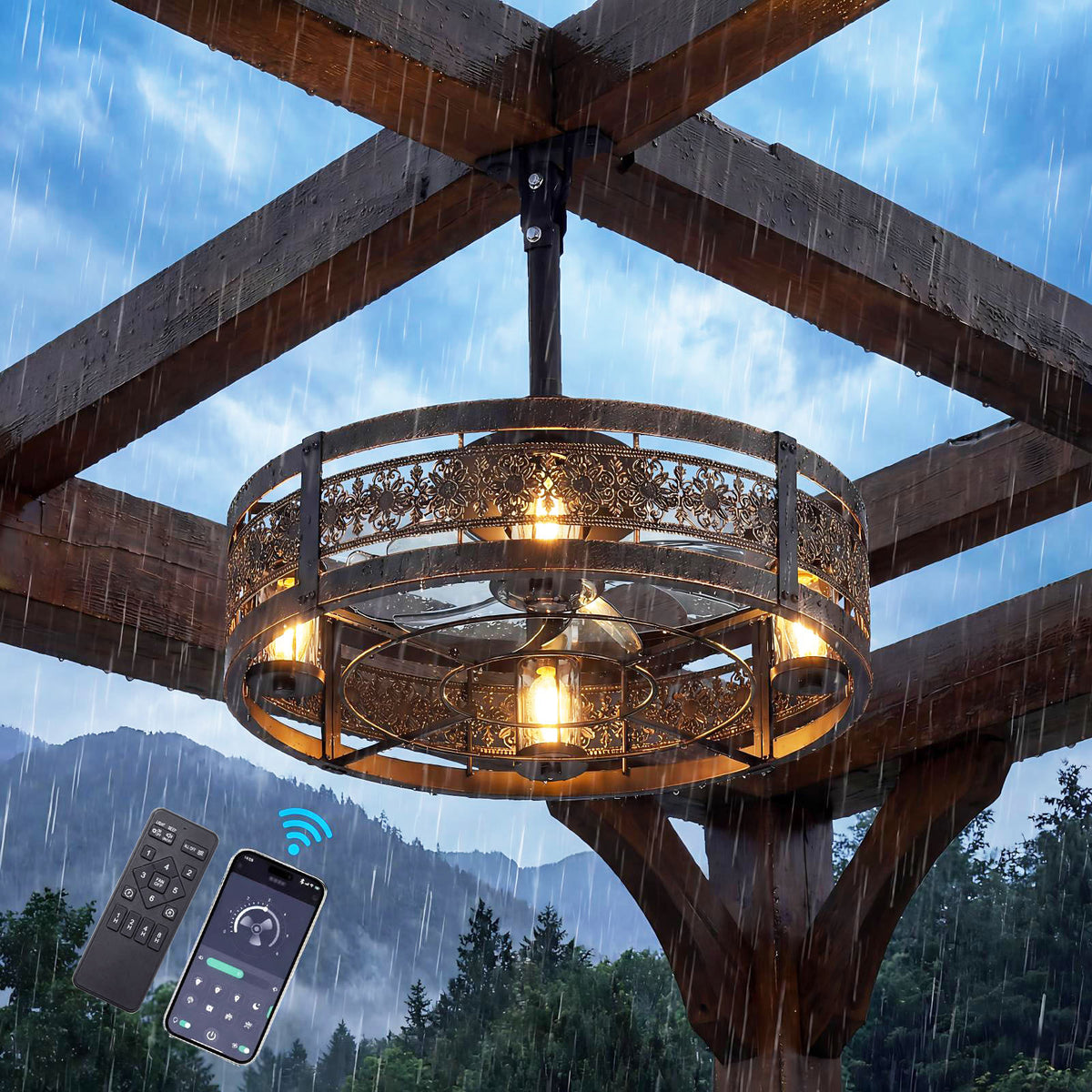 20" Vintage Bronze Outdoor Ceiling Fan with Lights, Plug-in Gazebo Fan with Remote Control