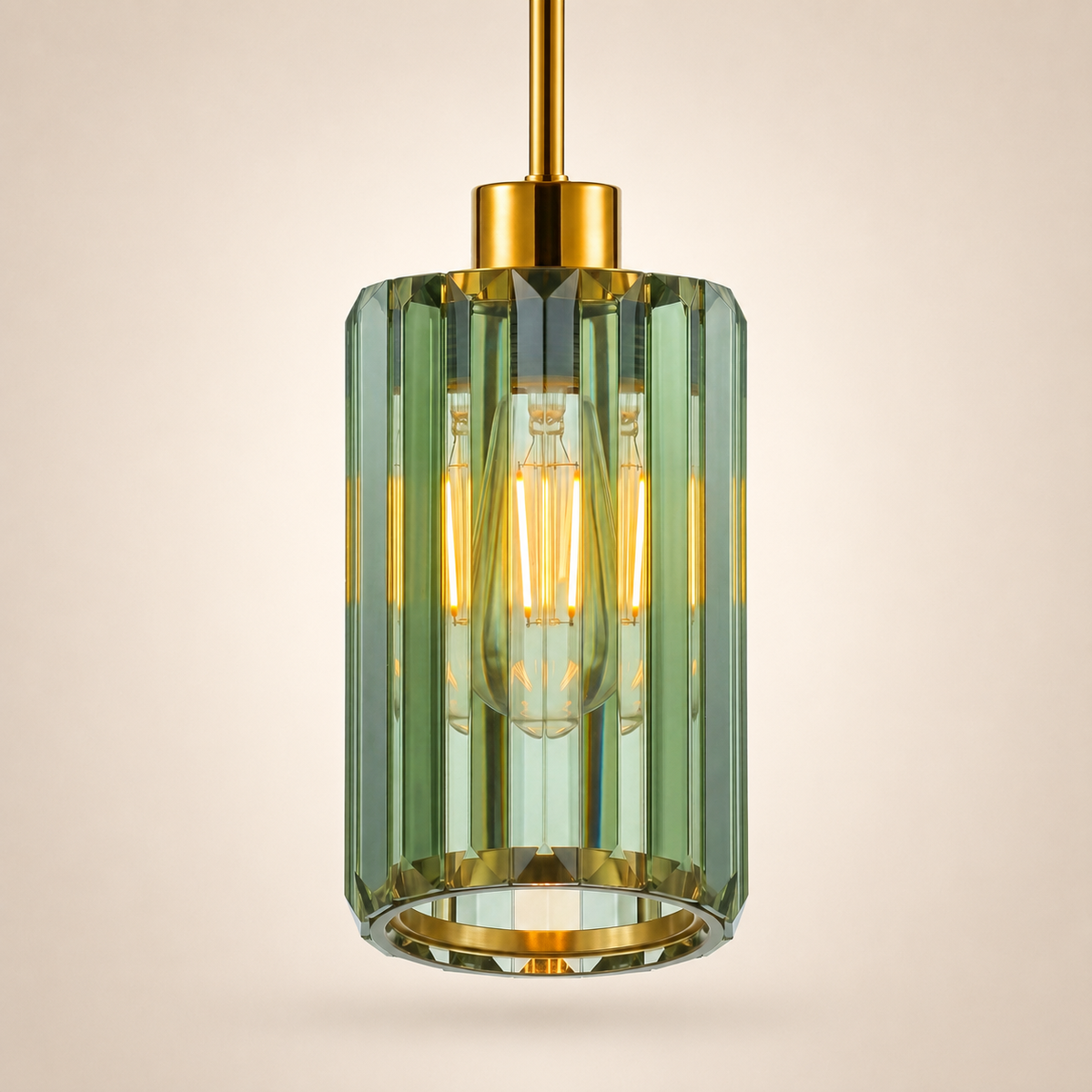 Olive Green Fluted Glass Pendant Light with Brushed Gold Finish