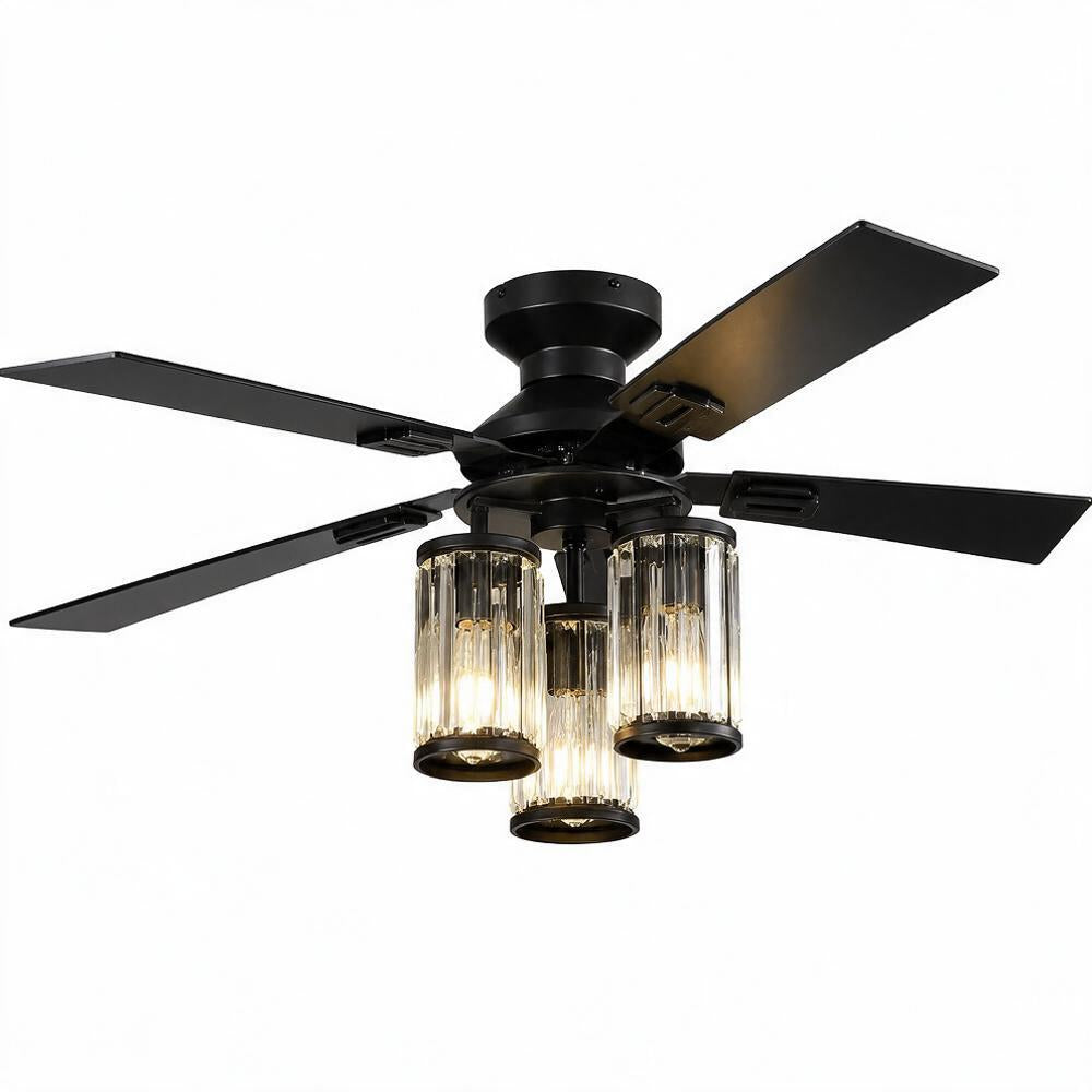 52 Inch Ceiling Fan with Lights, Low Profile Flush Mount Black 5‑Blade with Quiet DC Motor, 3 Crystal Glass E26 Shades, Remote & App Control for Bedroom and Living Room (Bulbs Not Included)