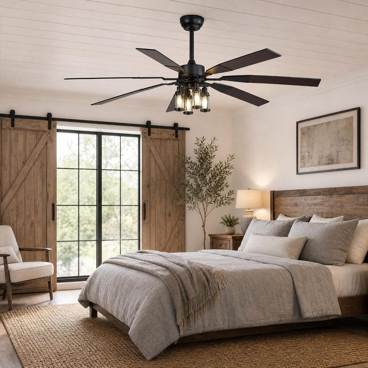 62 Inch Large Ceiling Fan with Light, Energy Efficient DC Motor 6‑Speed Reversible Fan, Dual‑Finish Walnut & Matte‑Black Blades, 4‑Head E12 Light Kit, For Living Room Bedroom Covered Patio