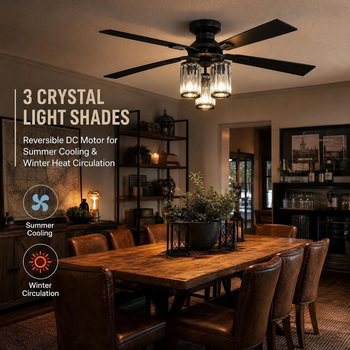 52 Inch Ceiling Fan with Lights, Low Profile Flush Mount Black 5‑Blade with Quiet DC Motor, 3 Crystal Glass E26 Shades, Remote & App Control for Bedroom and Living Room (Bulbs Not Included)