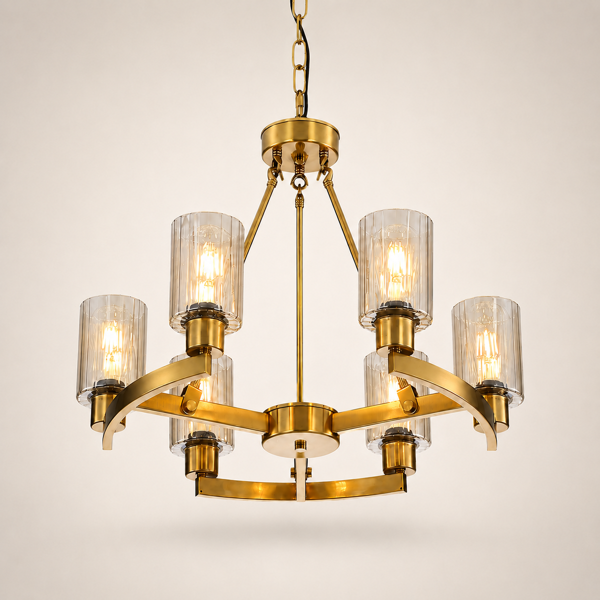 Modern Gold 6-Light Chandelier with Amber Fluted Glass
