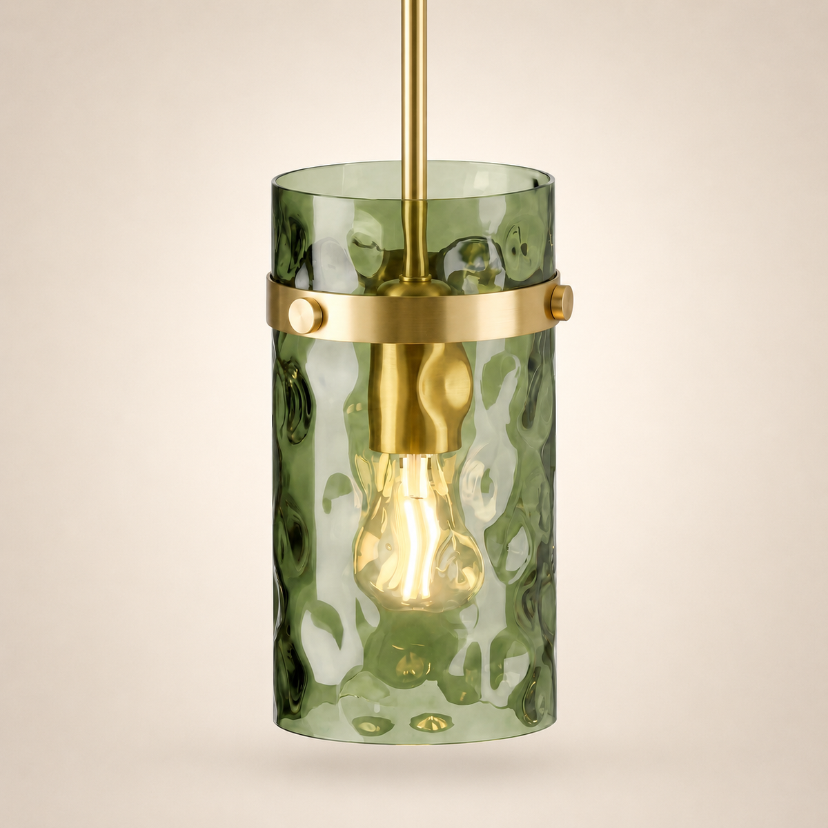 Olive Green Hammered Glass Pendant Light with Brushed Gold Finish