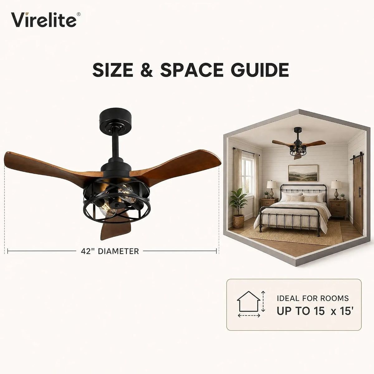 VireLite 42-inch ceiling fan with light size and space guide showing a 42-inch blade span and ideal room size up to 15 x 15 ft, with the fan installed in a bedroom.