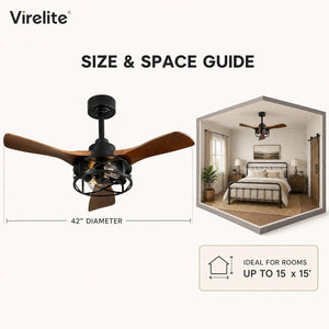 VireLite 42-inch ceiling fan with light size and space guide showing a 42-inch blade span and ideal room size up to 15 x 15 ft, with the fan installed in a bedroom.