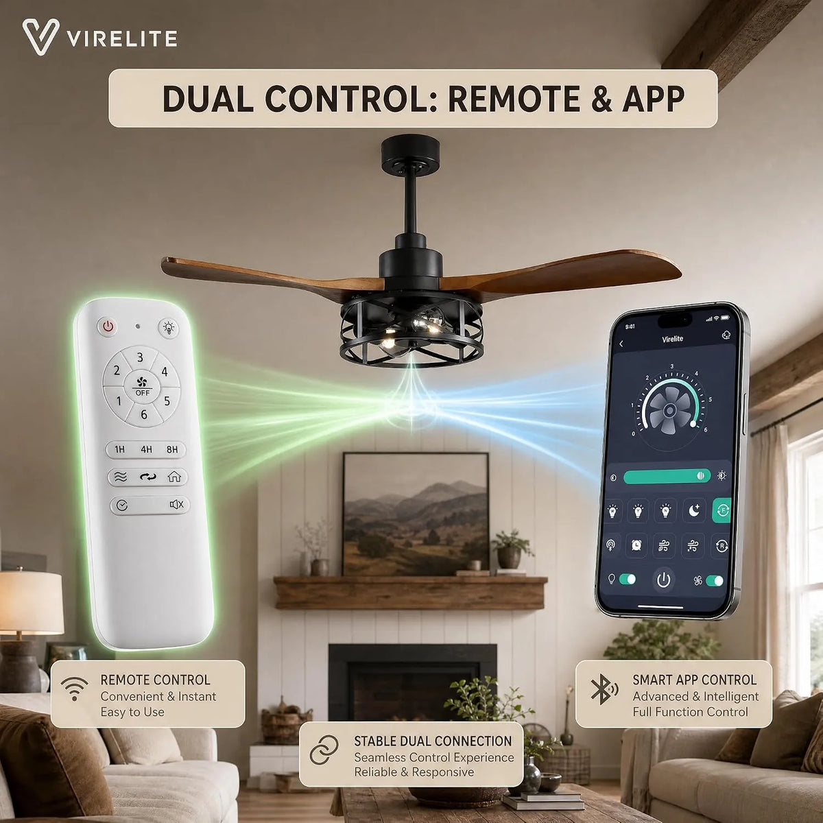 VireLite 42-inch ceiling fan dual control, showing a handheld remote and the smartphone app with 6-speed fan and light settings in a living room.