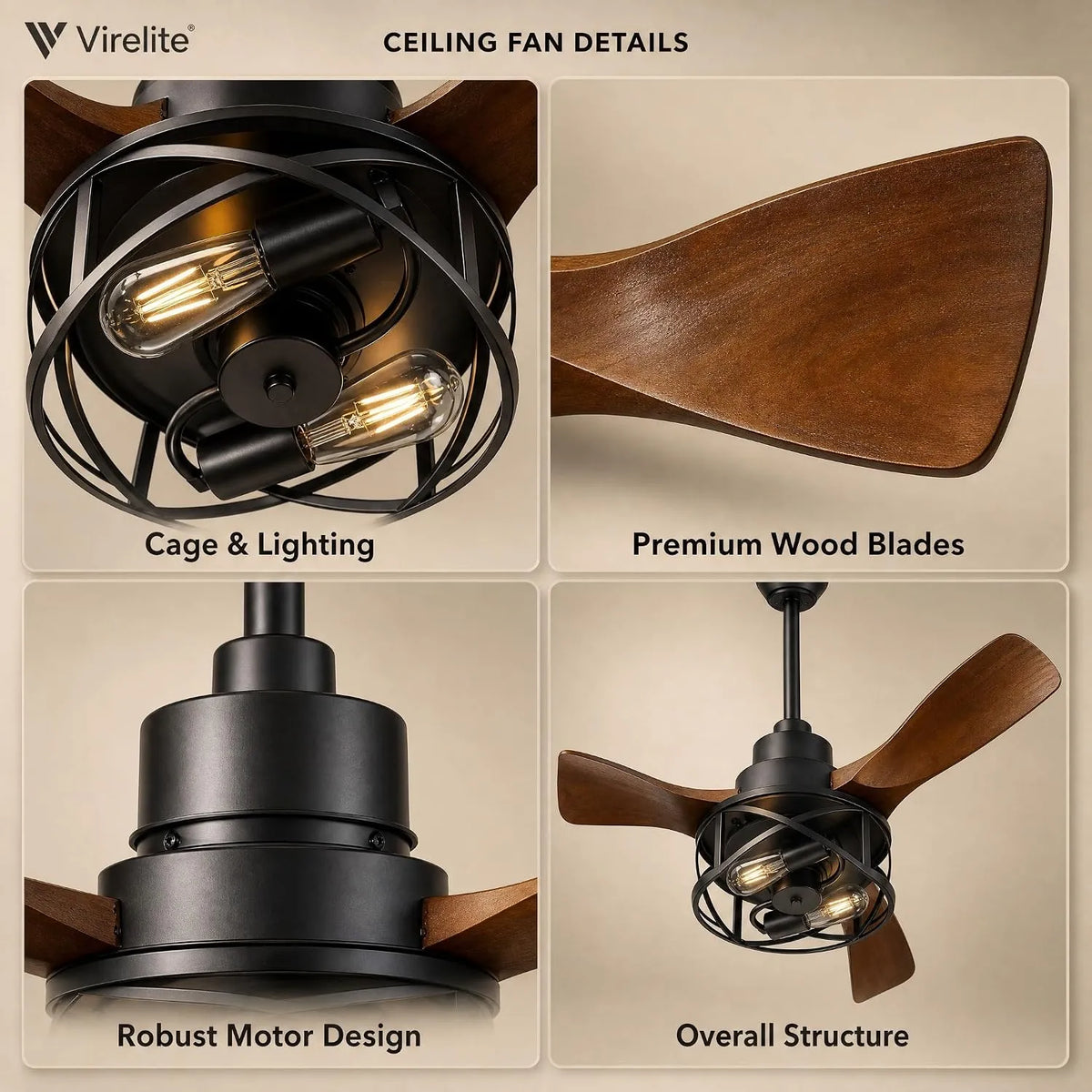 VireLite ceiling fan detail shots: black metal cage with E26 bulbs, premium walnut wood blades, robust motor housing and the overall fan structure.