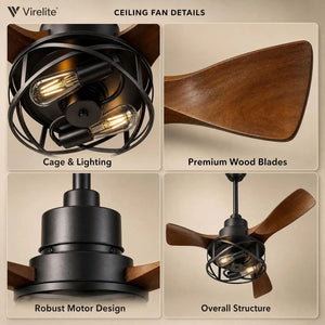 VireLite ceiling fan detail shots: black metal cage with E26 bulbs, premium walnut wood blades, robust motor housing and the overall fan structure.