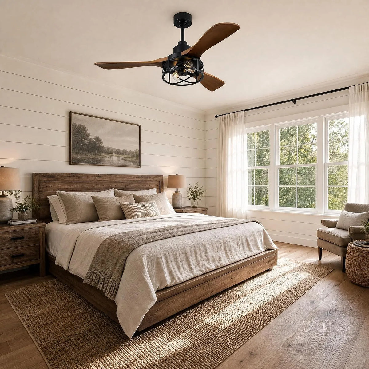 VireLite 42-inch ceiling fan with wood blades and black cage light mounted in a bright farmhouse bedroom with shiplap walls and a large window.