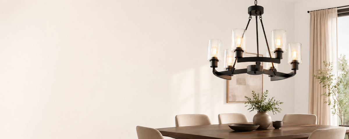 Virelite modern black chandelier lighting fixture above a wooden dining table in a minimalist dining room