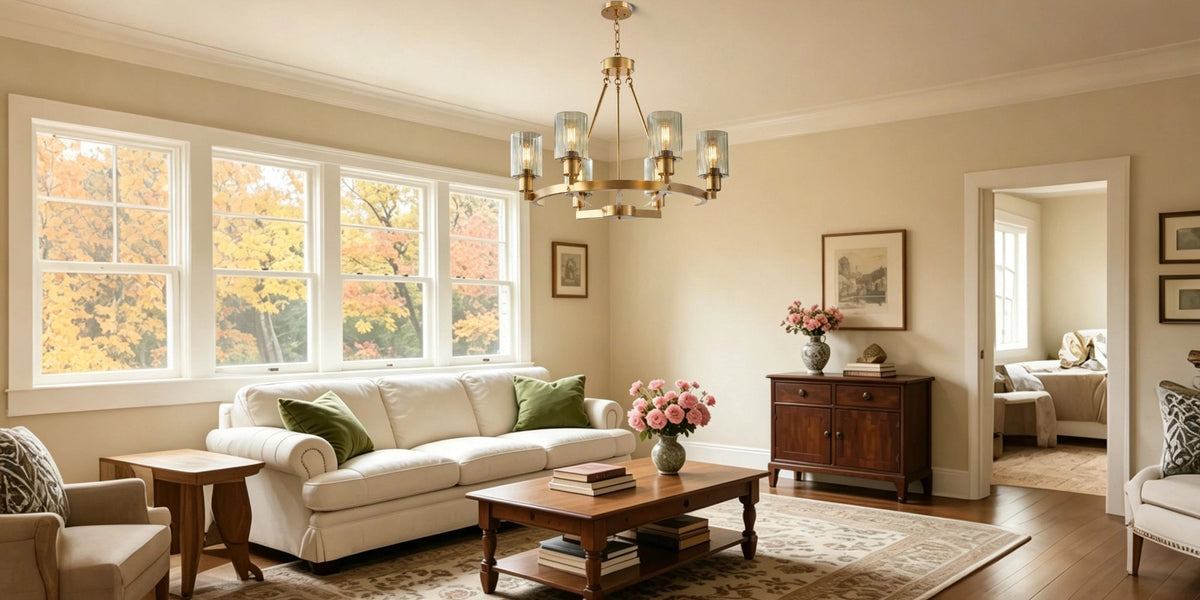 Modern brass chandelier in an elegant living room